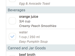 The grocery list - ingredients are automatically sorted into aisles and consolidated.